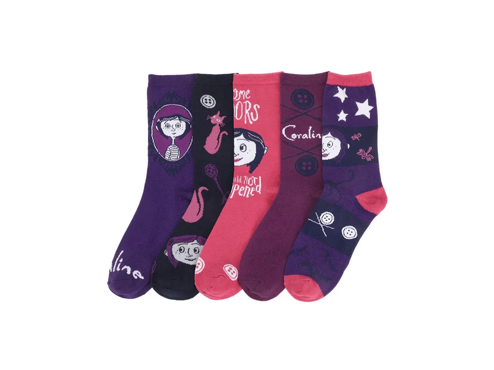 Coraline Mixed Icons Womens Casual Crew Socks 5-Pack