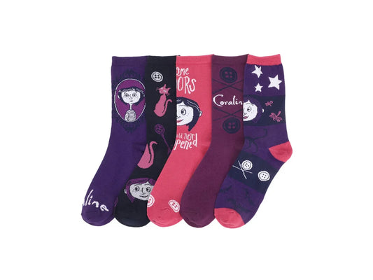 Coraline Mixed Icons Womens Casual Crew Socks 5-Pack