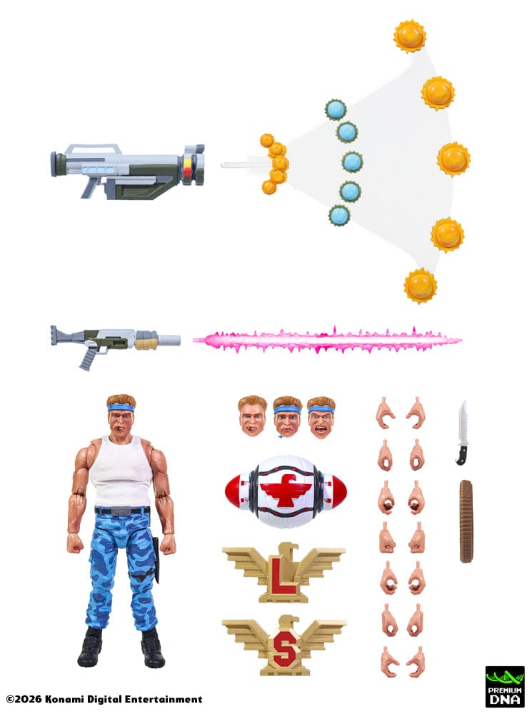 Accesorios y armas en vista frontal de Figura Bill Rizer Contra (NES) Premium DNA