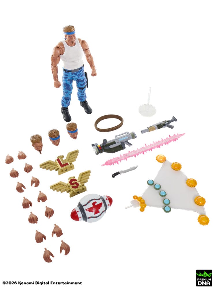 Vista superior de accesorios y armas de Figura Bill Rizer Contra (NES) Premium DNA
