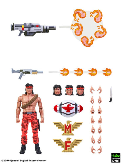 Vista frontal de todos los accesorios y armas de Figura Lance Bean Contra (NES) Premium DNA