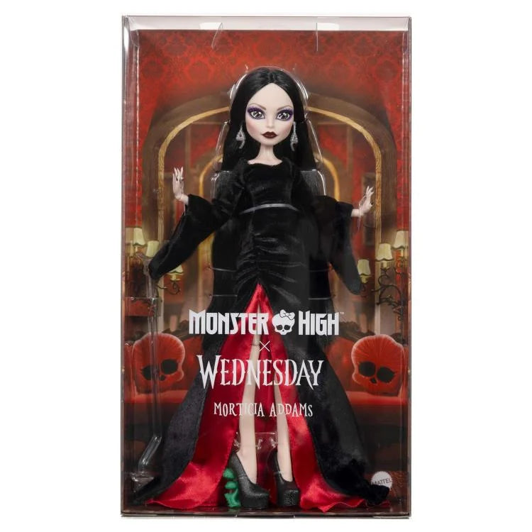 Vista frontal caja Muñeca Morticia Addams Monster High Wednesday Mattel