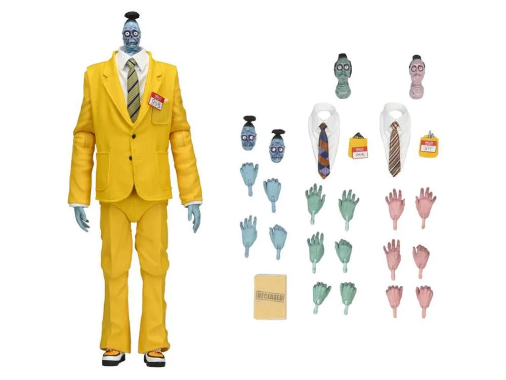 Fotografía de todos los accesorios del set juntos (figura, 4 cabezas extra, manos, 2 piezas de camisa y carpetas).